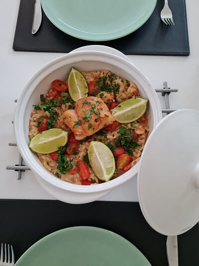 sea food risotto and a floral dress