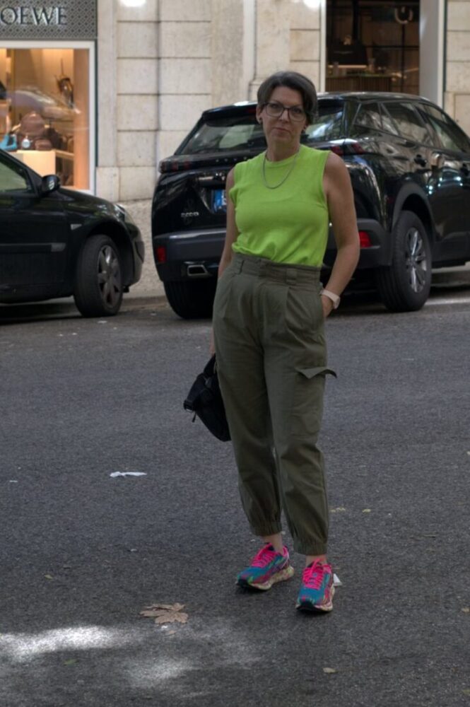 olive green trousers and lime top