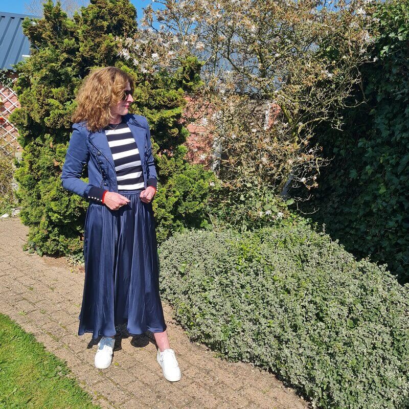 long skirt with striped jumper