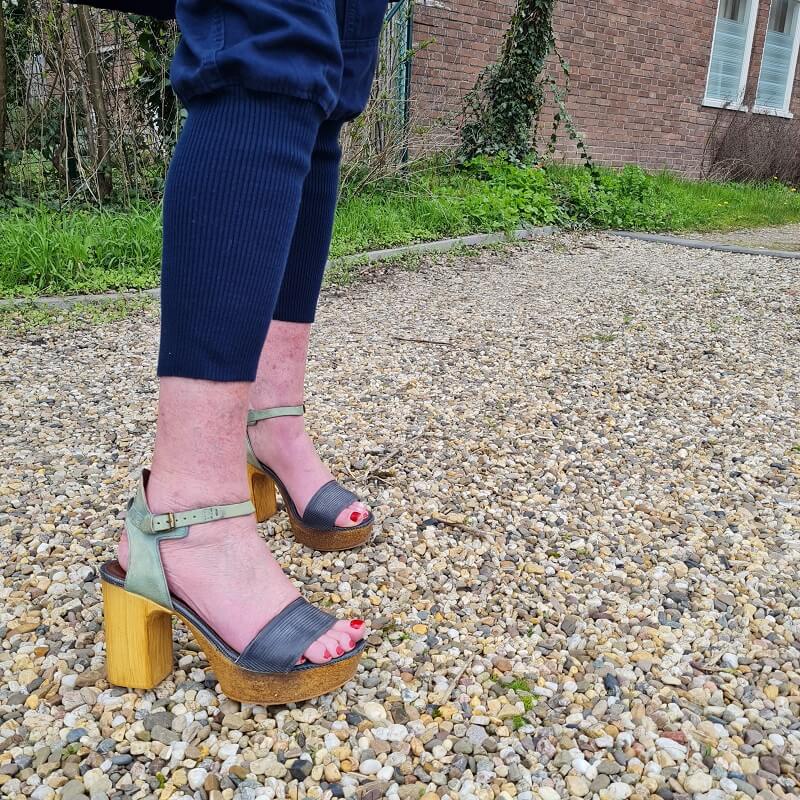 blue leather and wood sandals