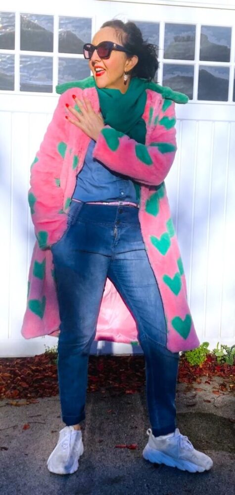 pink and green coat