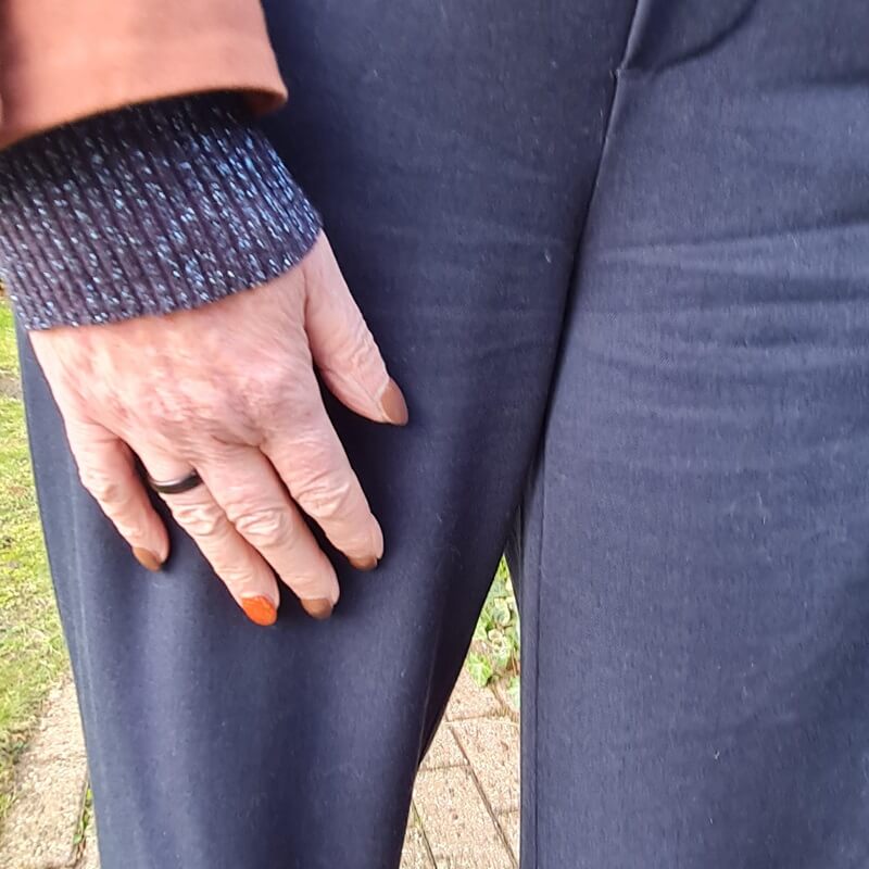 brown and blue outfit