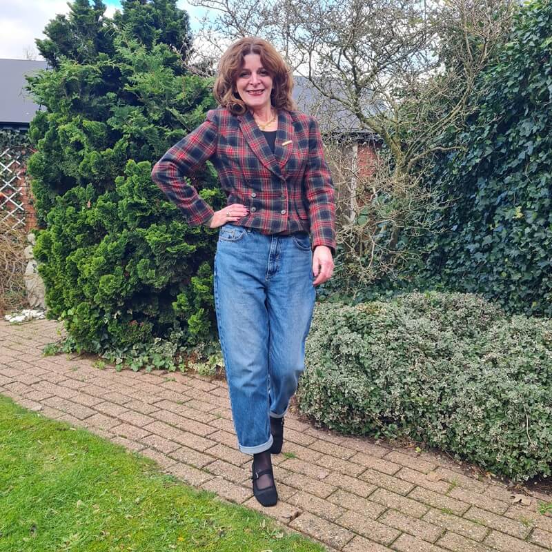 tartan jacket on jeans