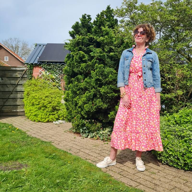 pink dress with sneakers