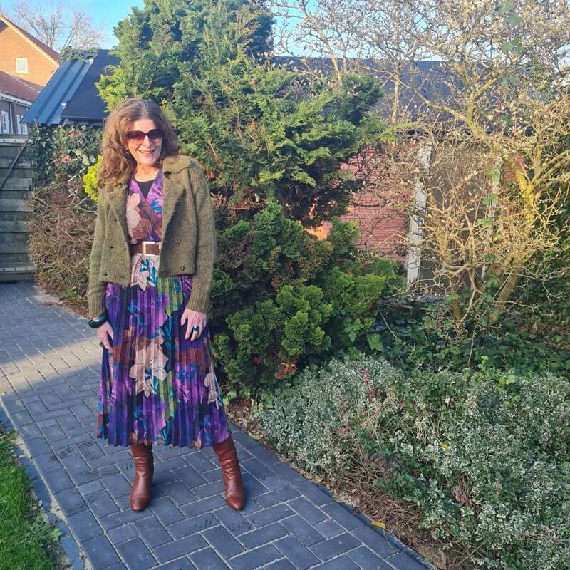 dress with boots and cardigan