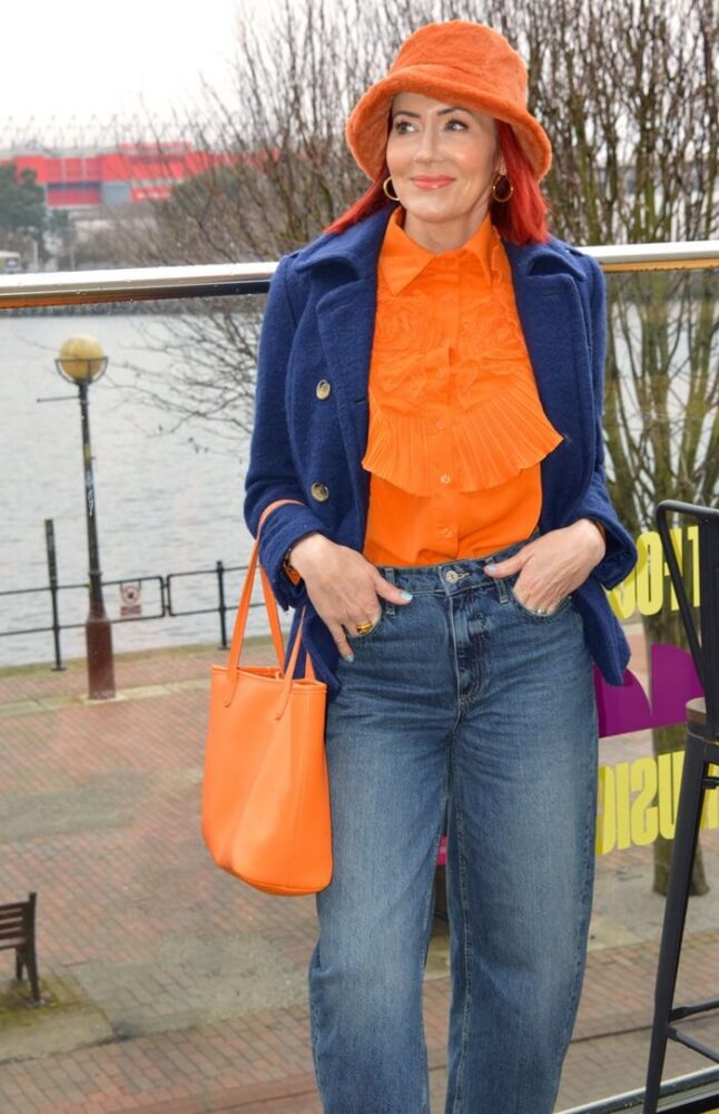 orange and blue outfit