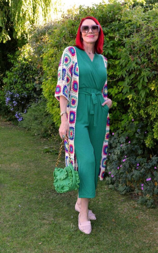 green jumpsuit with long cardigan
