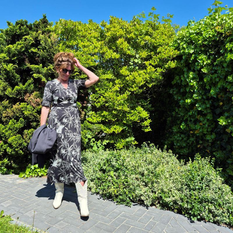 faux wrap dress with a grey blazer