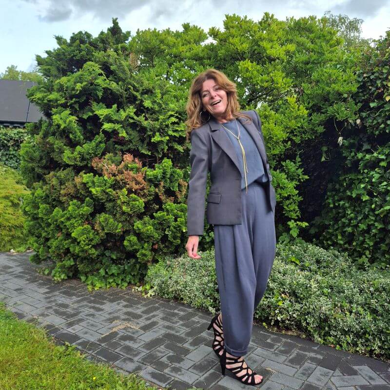 elegant in joggers and heeled sandals