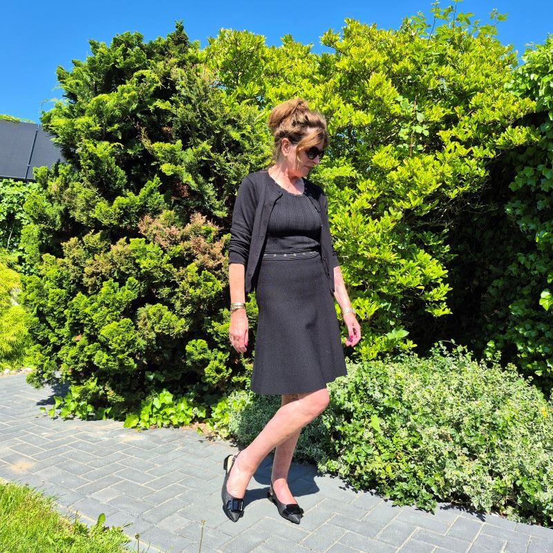 black dress with slingbacks and cardigan