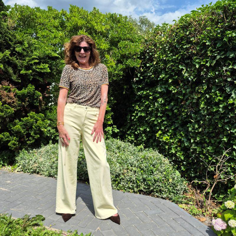 yellow jeans and brown