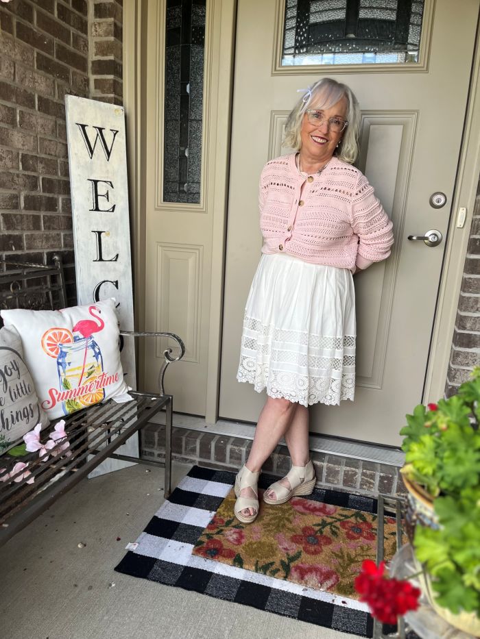 white skirt with pink top