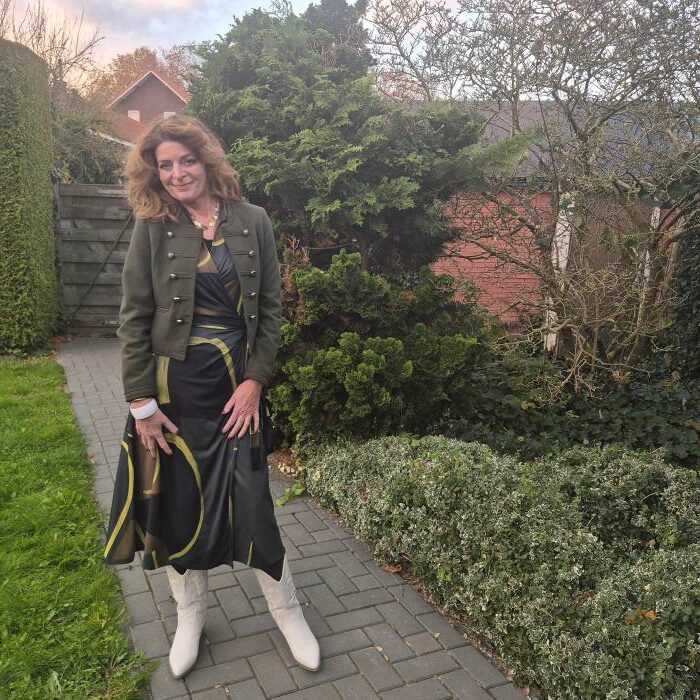 military style jacket on a wrap dress