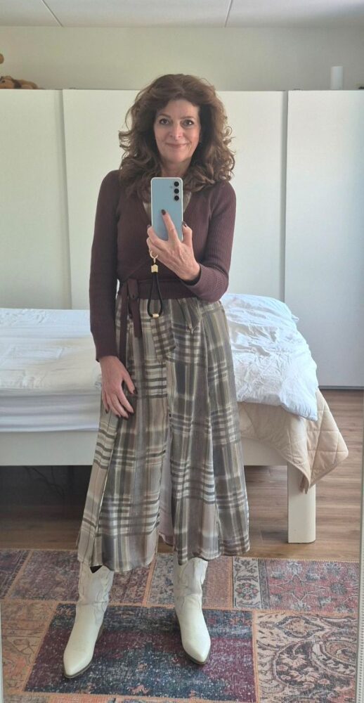 green and grey dress with a brown ballerina cardigan